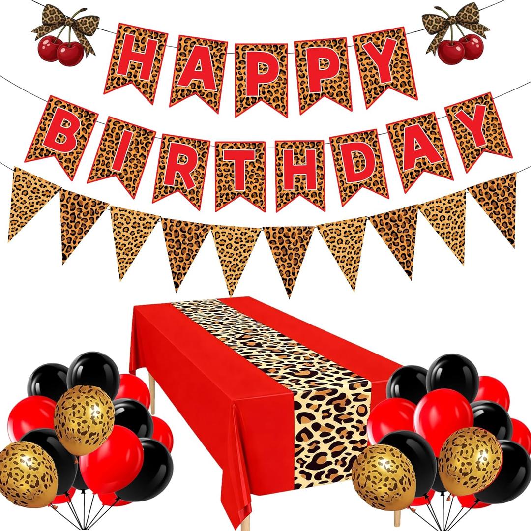 Red Cheetah Print Birthday Party Decorations for Women,Leopard Tablecloth Happy Birthday Banner with Balloons,Cherry Cheetah Leopard Print Party Decor Sulpplies (Pastel)