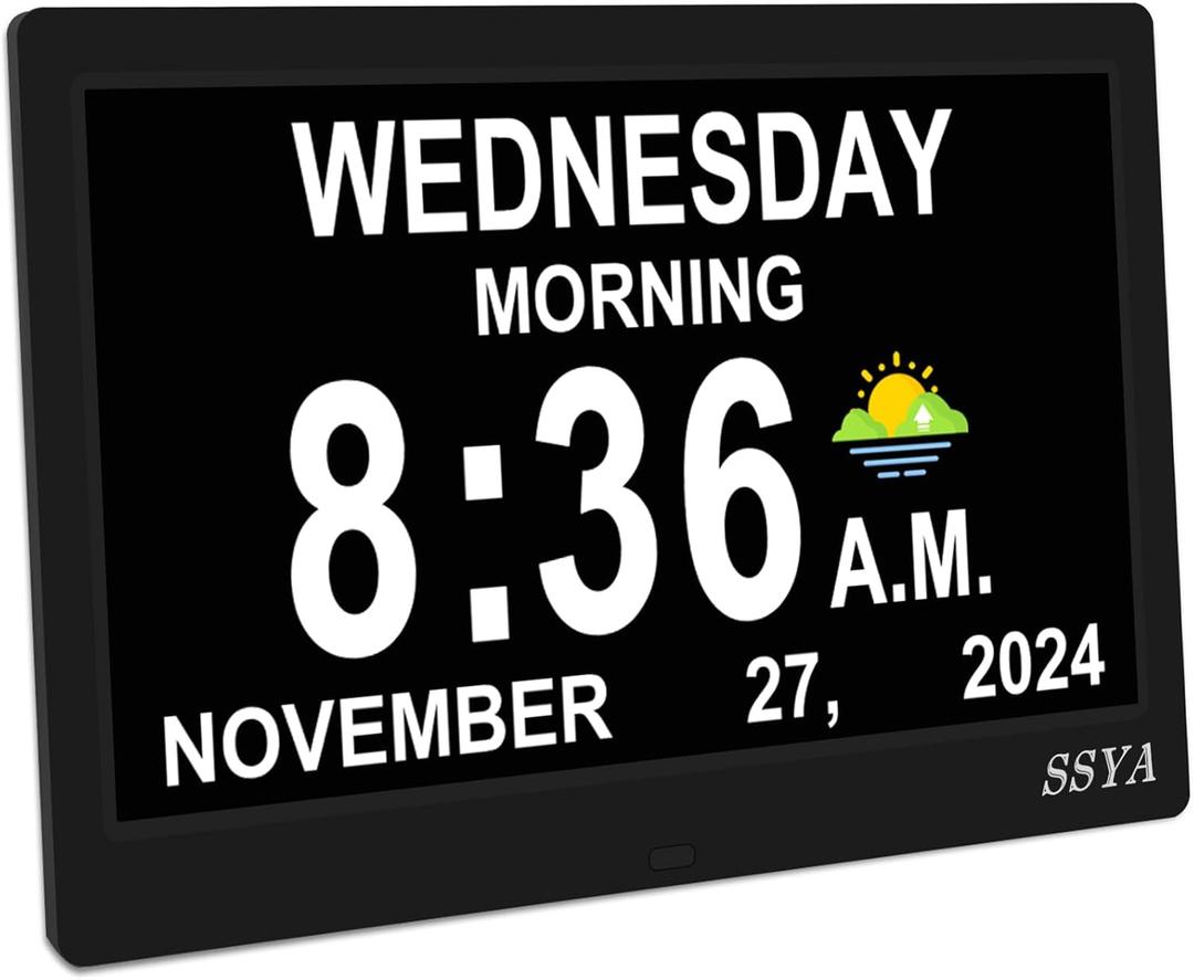 SSYA Dementia Clock for Seniors, Digital Clock with Date and Day of Week, Alzheimers Clock with Auto DST, Non-Abbreviated Large Calendar Alarm Clock Desk Clock (11.5" Black)