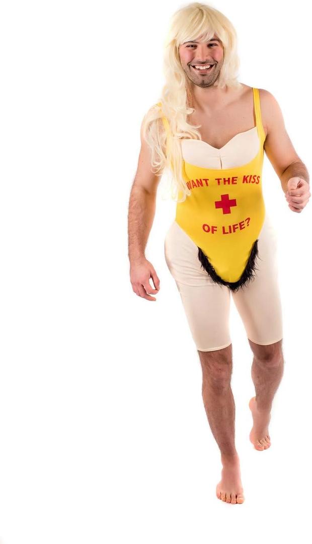 Mens Yellow Swimsuit Adults Lifeguard Bachelor Party Fun Novelty Outfit (Large)