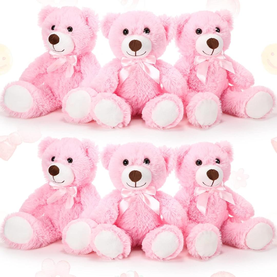 Aoriher 6 Pieces 10 Inch Bear Stuffed Animals Bulk Baby Shower Soft Cute Bear Plush Toys Sleeping and Playing Baby Shower Birthday Party Favor Decorations (Pink)