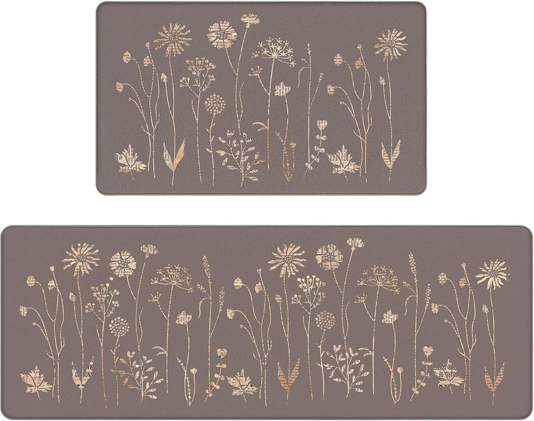 Rempry Floral Kitchen Mats for Floor, Non Slip Kitchen Rugs and Mat Set of 2, Waterproof Cushioned Anti Fatigue Kitchen Mat, 17"x47"+17"x29", Brown