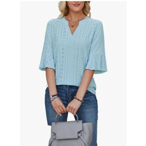 Womens Tops Summer Ruffle Half Sleeve V Neck Eyelet T Shirt Slim Fitted Blouse 2XL