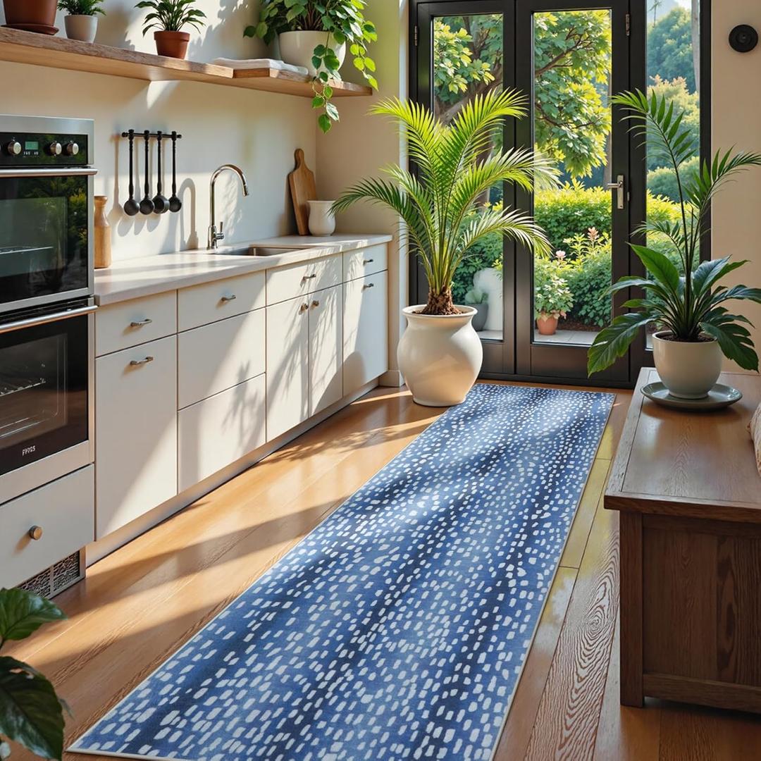 Collive Washable Carpet Runners for Hallway Non Slip, 2.6x8ft Long Modern Cheetah Print Bathroom Runner Rugs, Boho Blue Ombre Low Pile Kitchen Carpets for Entryway Western Home Decor