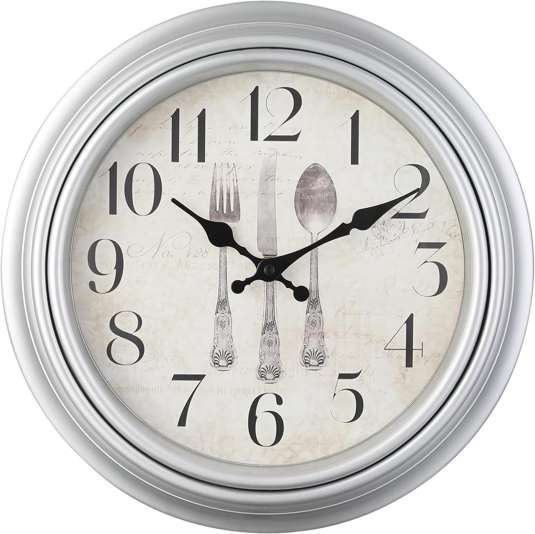 WOOPHEN Vintage Wall Clocks, 10" Silent Non Ticking Retro Wall Clock Quality Quartz Battery Operated Round Decorative Easy to Read for Home Kitchen Living/Dining Room Bedroom Office School (Silver)