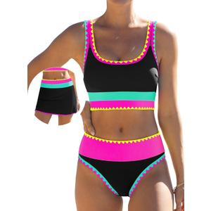 popvil High Waisted Bikini Sets for Women Tummy Control Swimsuits 3 Piece Bathing Suits Neon Swimwear with Skirt 2026 (Medium, Black)