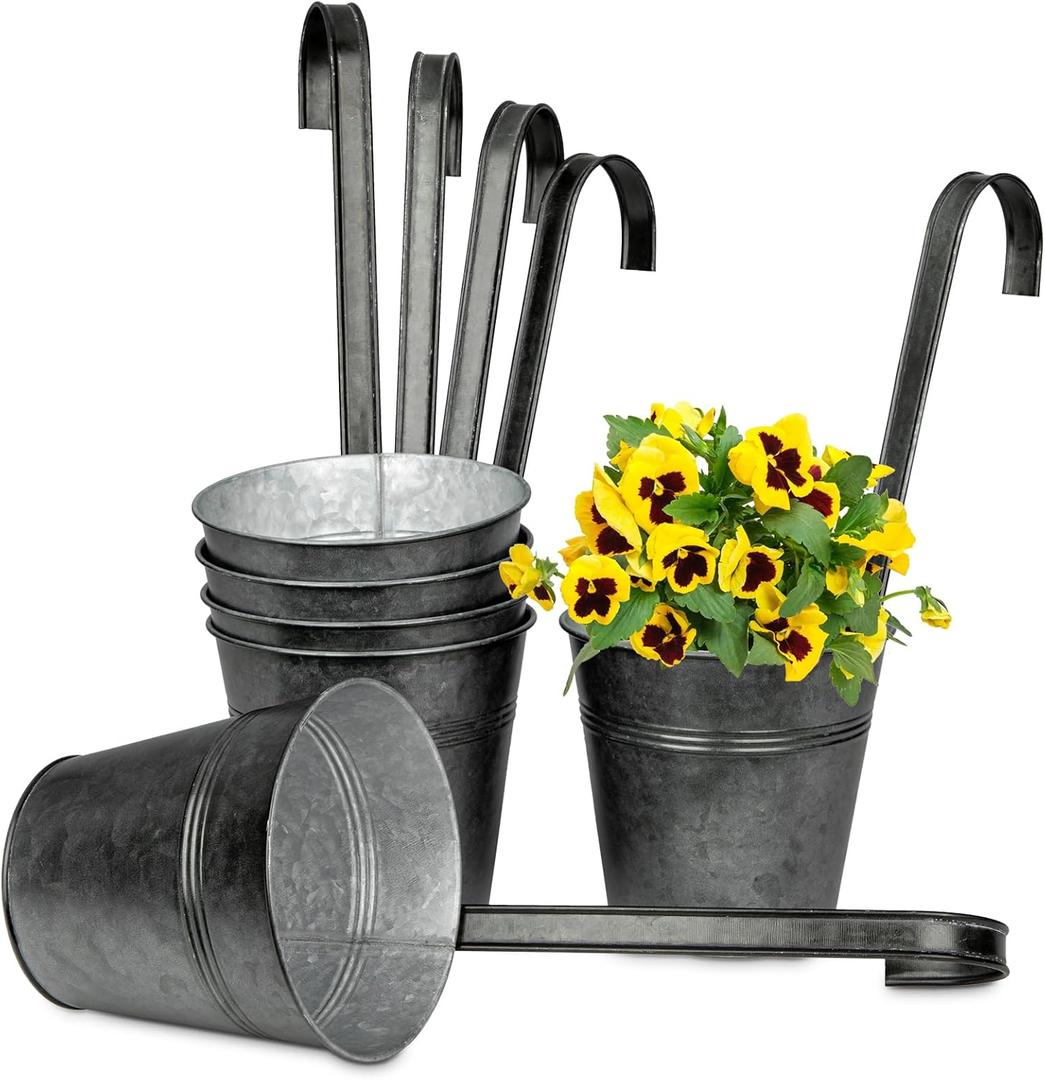 Briful 5'' Hanging Planters for Outdoor Plants, Black Rustic Galvanized Metal Buckets, Fence Balcony Railing Hanging Pots with Detachable Hooks, Set of 6