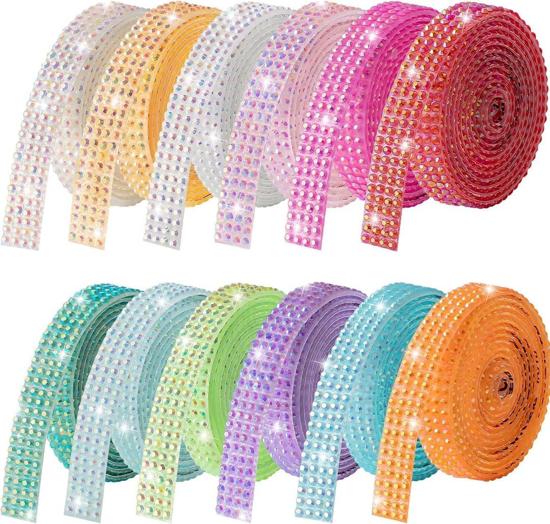 12-Yard Bedazzling Strips, 12-Roll Rhinestone Strips for DIY Craft, Rhinestone Ribbon Self Adhesive, Bedazzling Kit for DIY Craft, Rhinestones for Crafting Art Decoration