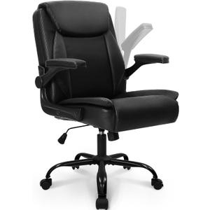 NEO CHAIR Desk Office Gaming Computer Chair Ergonomic Executive Mid-Back Leather with Adjustable Padded Flip-Up Armrests Cushion Wheels Swivel for Home Study Task (Black White)