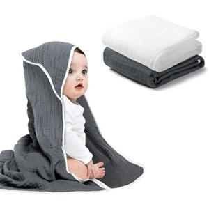 Arnzion Baby Hooded Towels for Babies and Toddlers, Muslin Baby Bath Towel Soft and Absorbency for Boys and Girls (Dark Grey White, Green, 3 Pack)