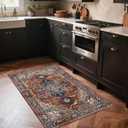 4x6 Washable Area Rug for Living Room, Bedroom & Dining Room - Non-Slip Durable Vintage Retro Carpet with Stain Resistant Easy Clean, Kid & Pet Friendly (Brown/Navy)