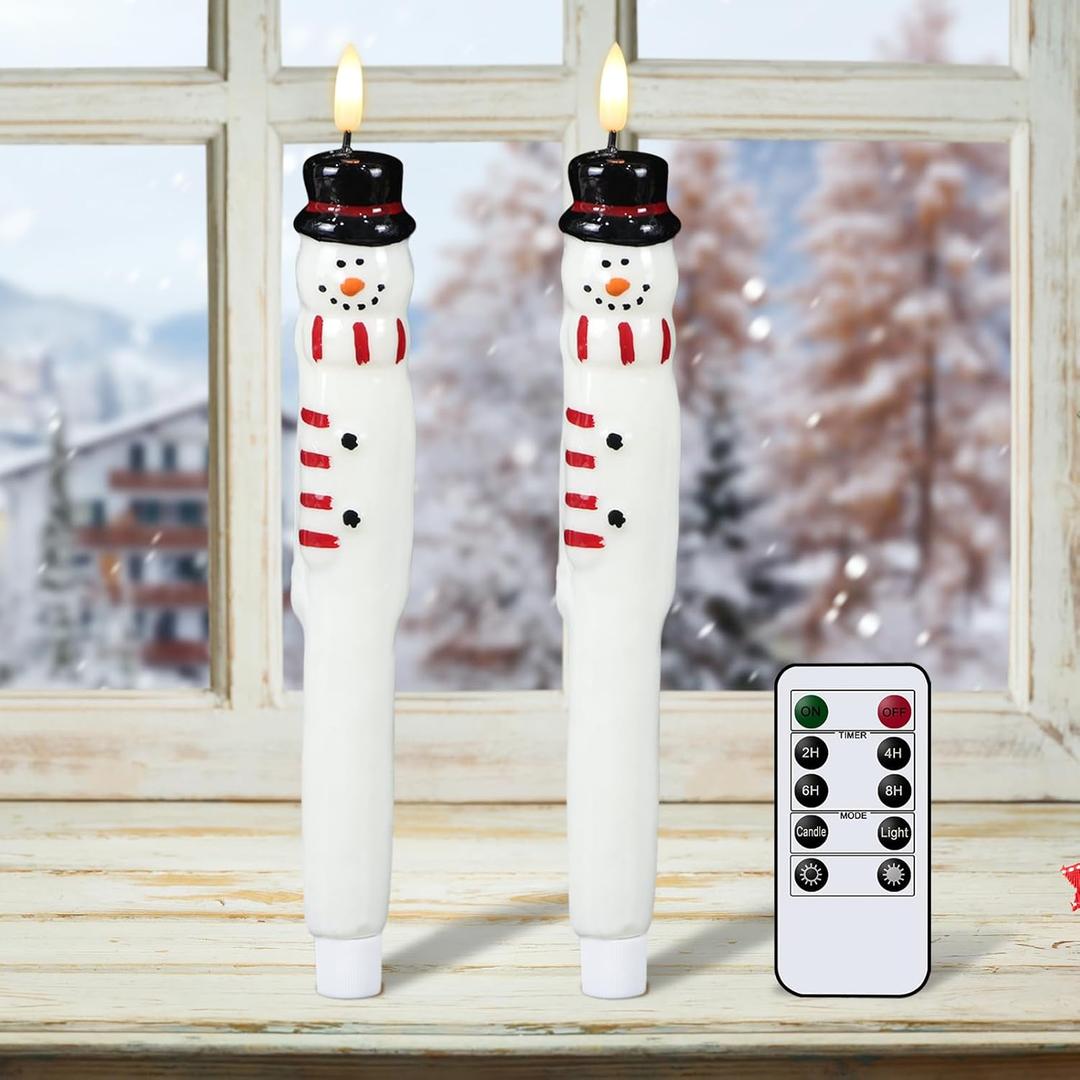 Eldnacele Christmas Taper Flameless Candles with Remote and Timer, Battery Operated Hand Painting Snowman 3D Wick Flickering Real Wax LED Candles Tabletop Holiday Xmas Decorations 2Pcs,0.79"×11.4"