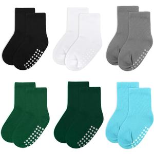 6 Pack Baby & Toddler Cotton Crew Socks - Non-Slip Grip, Unisex, 6-12 Months (Black/White/Gray/Green/Dark Green/Lake Blue)