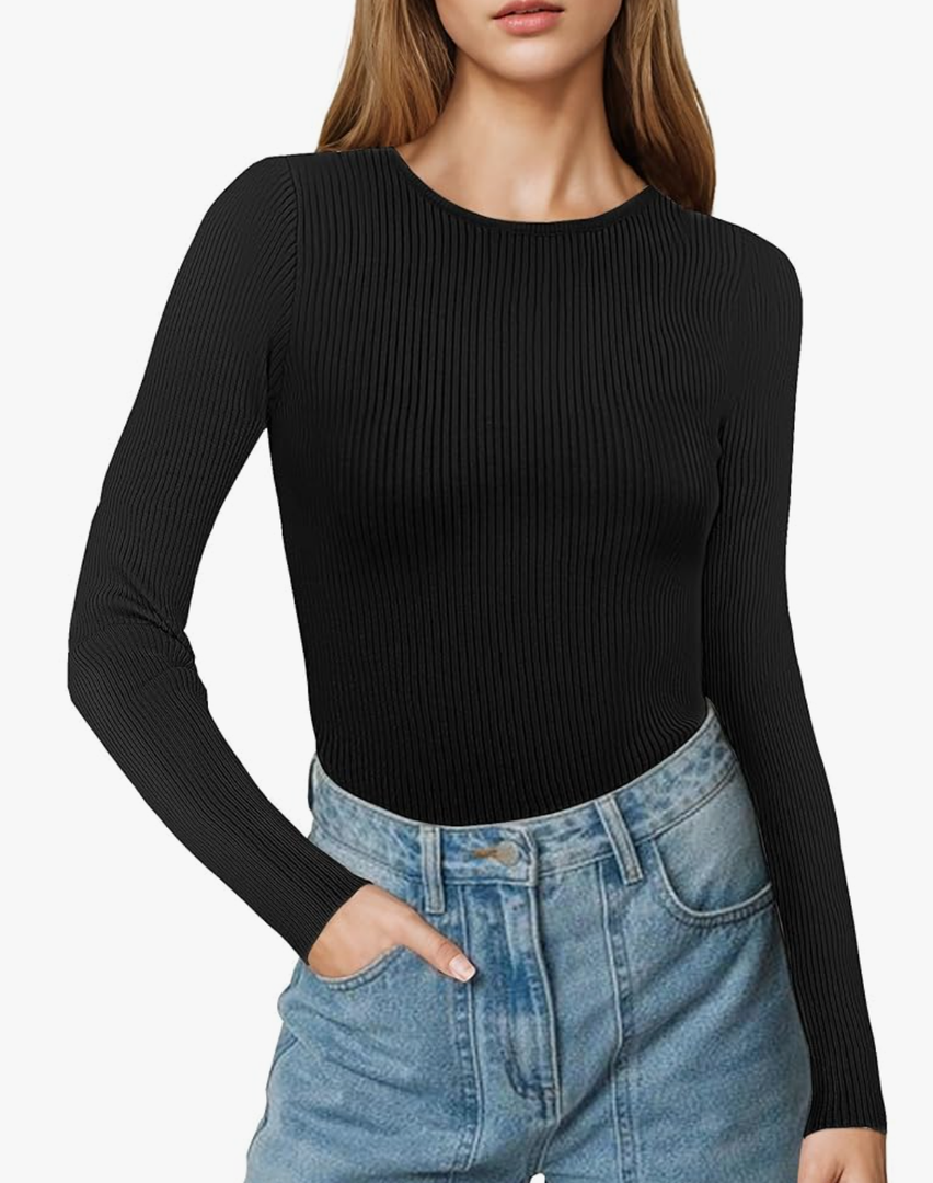 Buauty Women's Long Sleeve Crewneck Sweater 2025 Fall Ribbed Knit Fitted Shirts Slim Solid Pullovers Basic Casual Tee Tops, Black, Large