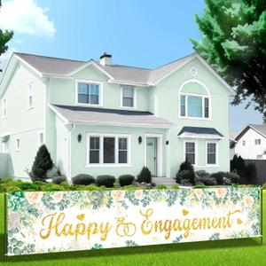 Sage Green Engagement Party Decorations Eucalyptus Happy Engagement Yard Banner Just Engaged Banner Backdrop Green Happy Engaged Decorations for Outdoor Garden