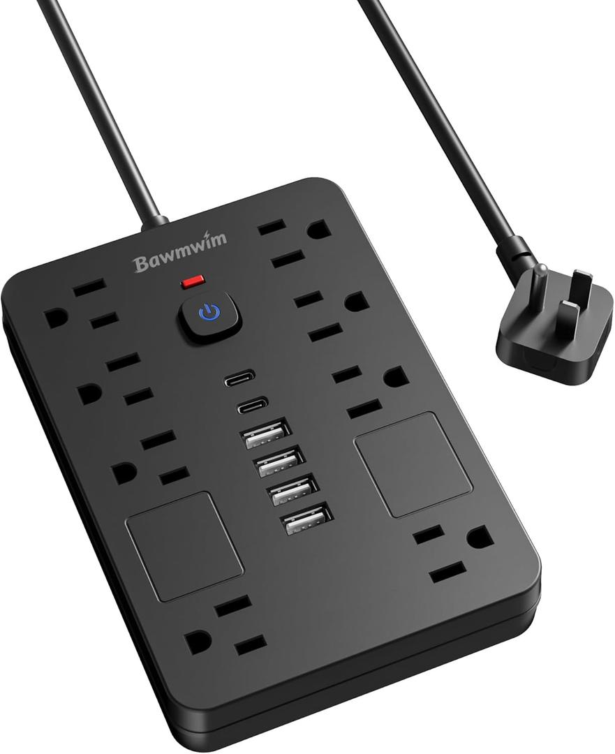 Surge Protector Power Strip - 8 Outlets(1850W/15A/14AWG) with 6 USB Ports（2 USB C, 10FT Flat Plug Extension Cord, Wall Mount Multi Plug Outlet Extender, ETL Listed for Home, Dorm Room, Black