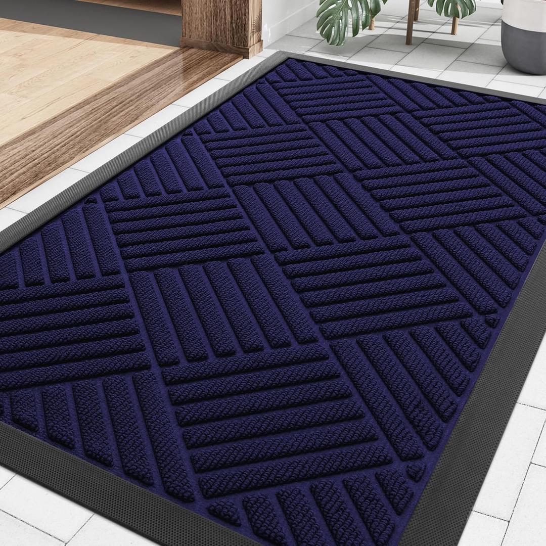 Smiry Front Door Mat Outside Entrance, Heavy Duty Outdoor Indoor Mat, Natural Rubber Doormat, Non Slip, Trap Dirt and Moisture, Easy Clean, Low Profile Patio Porch Entryway Mat, 29.5x17, Black Blue