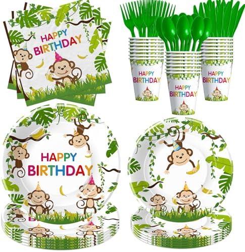 HIPVVILD Monkey Birthday Decorations Tableware, Wild Jungle Animal Monkey Theme Party Supplies for Birthday Baby Shower, Paper Plate, Cup, Napkin, Cutlery, Serves 24