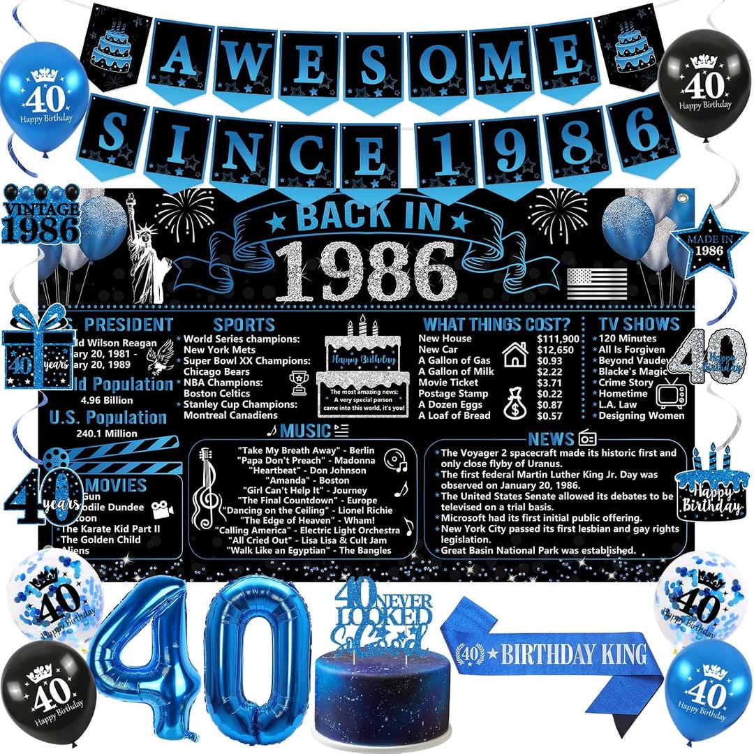 Trgowaul 40th Birthday Decorations for Men, 20PCS Black Blue Back in 1986 Birthday Party Supplies, Blue Vintage Banner, Sash, 40th Cake Topper, Latex Balloon, 40 Year Old Set