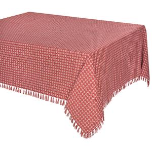 Table Cloth, Spice Red/White Woven Fringed, 100% Cotton Table Cover, Size 60x84 Inch, Suitable for Formal Dining, Everyday Meals and Casual Occasions.