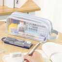 2Pack ANGOOBABY Large Grid Mesh Pencil Case 2 Compartment Pen Bag Clear Handheld Multifunction Pencil Pouch Transparent Makeup Bag for Teen Student College Business Travel Office Adult - Blue