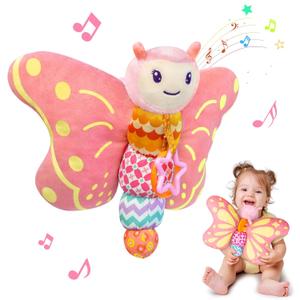 2 x Baby Toys 0-6 Months,Infant Musical Sensory Stuffed Animal with Squeaker,Rattle,Crinkle Wings,Teether & Hanging Ring,Tummy Time Toy for Newborn 0-3-6-12 Months Boys & Girls Gift,Butterfly,Pink