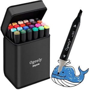 Ogeely 24 Pack Permanent Marker Pens Dual Tip Marker Pens for Kids and Adults Sketch Markers with Marker Case, Bullet Tip and Chisel Tip for Artists Illustration, Drawing