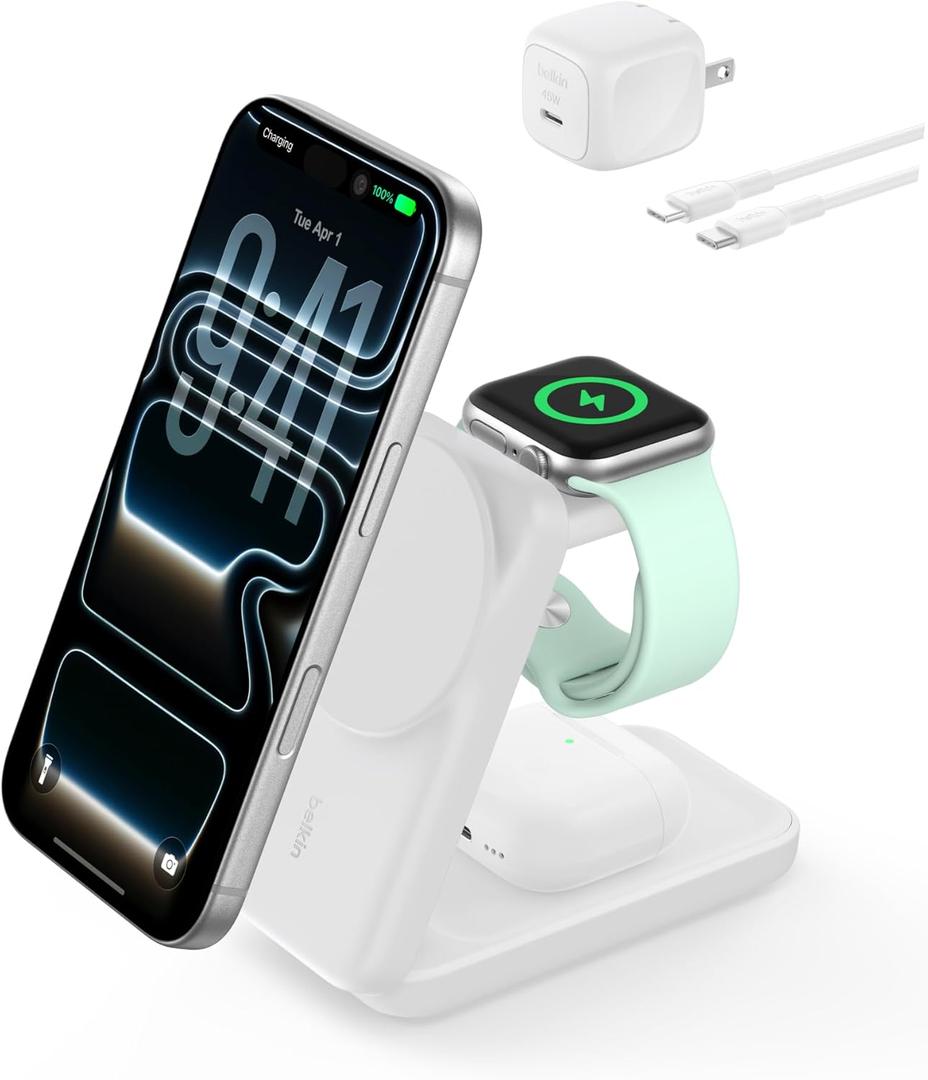 Belkin MagSafe Charger Compatible, 3-in-1 Charging Station, Qi2.2 25W Magnetic Wireless Charger Dock, Foldable Charging Stand for iPhone 17/16/15, Apple Watch, AirPods, Pixel 10 (45W Adapter Included) (White)