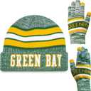 Vintage Classic Skull Cap 3D Embroidery Beanie Cuffed Winter Hat Knit Comes with Warm Gloves Fasion Gifts for Men Women Fans (Green Bay P)