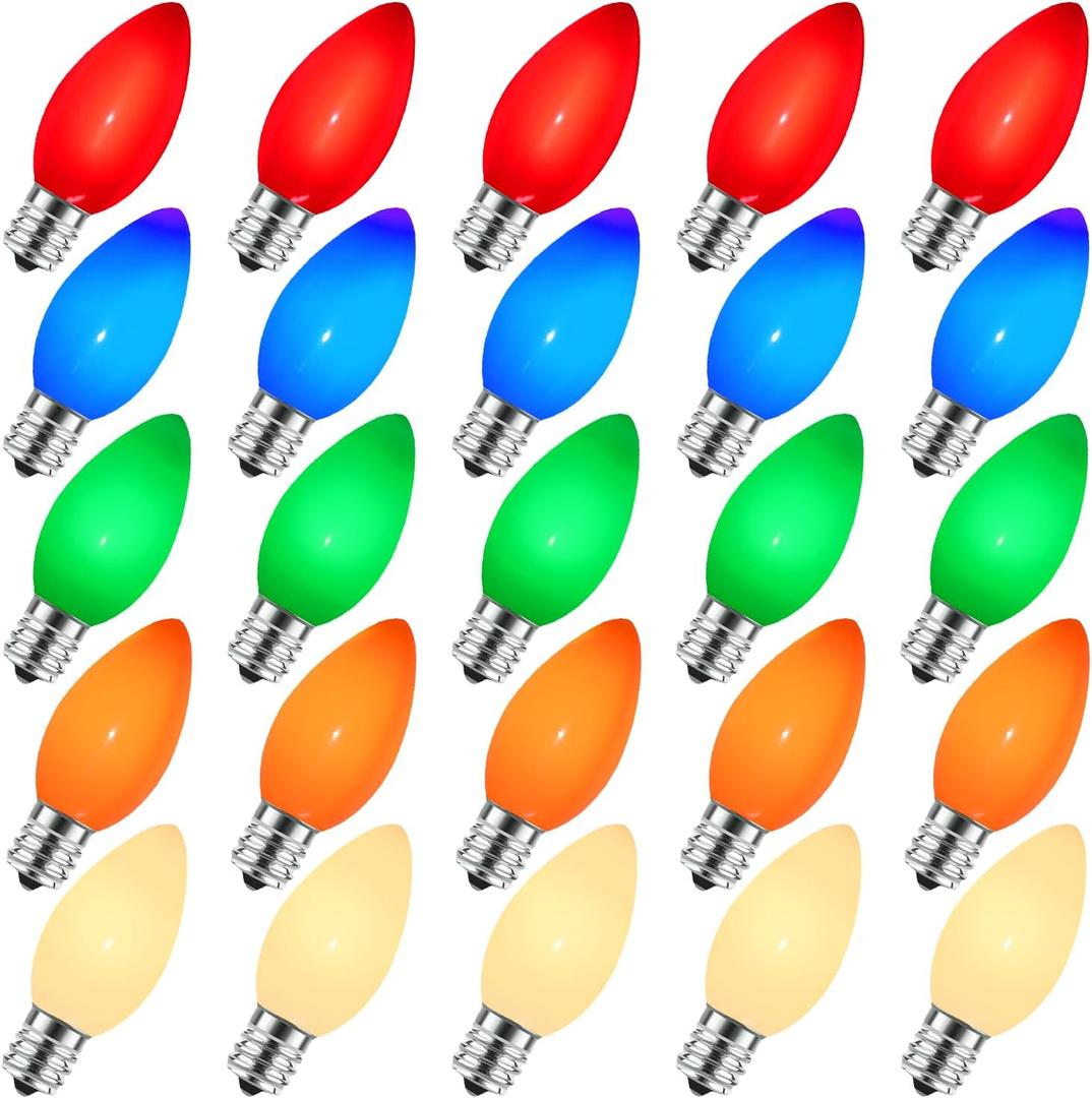 25 Pack Vintage C9 Light Bulbs, Ceramic Multicolor C9 Christmas Light Bulbs - for Colored Xmas Lights Outdoor Replacement Bulbs & Indoor Outdoor Christmas Tree Light Replacement Bulbs, E17 Base, 7W