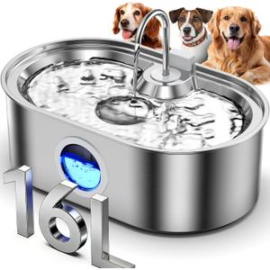 4.2Gal Dog Water Fountain for Large Dogs, 16L Stainless Steel Dog Fountain Water Bowl with Multi-Filtration & Deeper Drinking Tray, Extra Large Pet Water Fountain with Water Window & LED, Ultra-Quiet