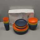 Supernal 32pcs Wheat Straw Dinnerware Sets,Plastic Plates and Bowls Sets for 8 Unbreakable Plates and Bowls Sets Dishwasher Safe Microwave Safe Fun Colors Perfect for Cooking Family Camping Picnics (Blue/Dark Blue/Orange/Yellow)