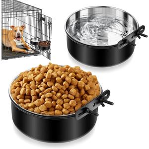 2 Pack No Spill Dog Crate Bowls, Black Stainless Steel Mountable Crate Bowls for Kennel Cage, Cat Puppy Bunny Birds (50oz+33oz)