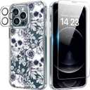 bicol for iPhone 12 Pro Max Case with Screen Protector and Camera Lens Protector - Fashionable Flower Floral Designs for Women Girls - Shockproof Acrylic Clear Phone Cover 6.7" - Elegant Skulls