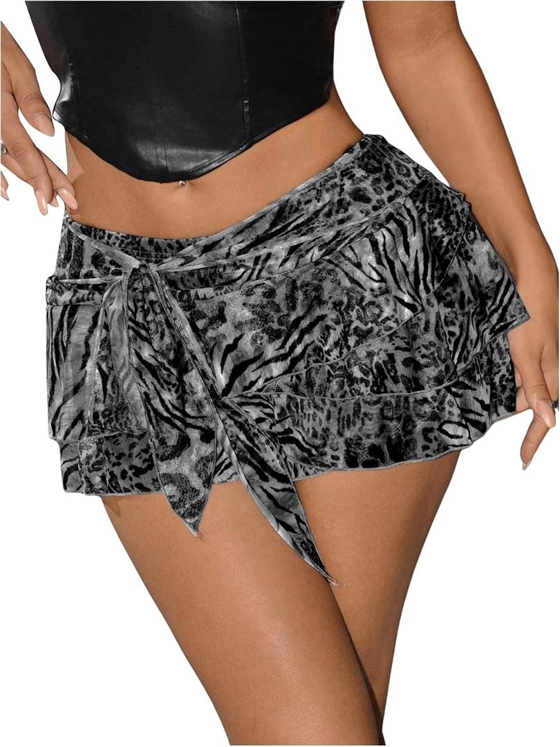 Women's Y2K Cheetah Skirt Ruffle Leopard Mini Micro Skirt Sexy Mesh Going Out Party Rave Clubwear (Medium, Black)