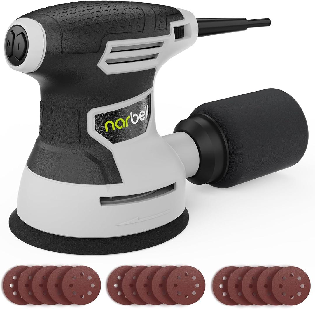 Orbital Sander 3.0AMP(360W),14000RPM Random Orbit Sander Tool with 6 Variable Speeds, 5" Electric Palm Sander Kit with Dust Bag,15pcs Sandpapers for Woodworking & Sanding, Light Gray