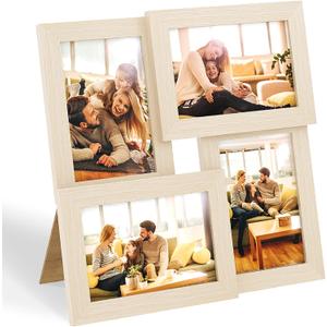 Egofine 4x6 Collage Picture Frames, Made of Solid Wood, Family Picture Frame Display Four 4x6 Photos, Covered by Plexiglass for Wall Hanging and Tabletop, Natural Wood