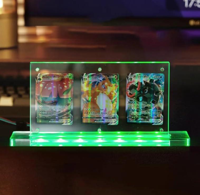 DuvinDD 4-Slot Trading Card Display Stand with LED Light Base, Magnetic Card Holder Protector for Graded Sports Card, 35pt Acrylic Card Display Case, 7-Color Light Option, 12.4x5.12inch