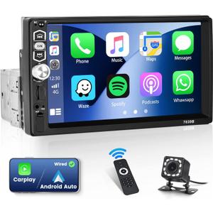 7 Inch CarPlay Single Din Touchscreen Car Radio: Android Auto Car Radio 1 Din with Bluetooth 5.1 AUX USB TF SD Slot FM Radio SWC EQ Backlight Remote Control Phone Link Car Player+Backup Camera