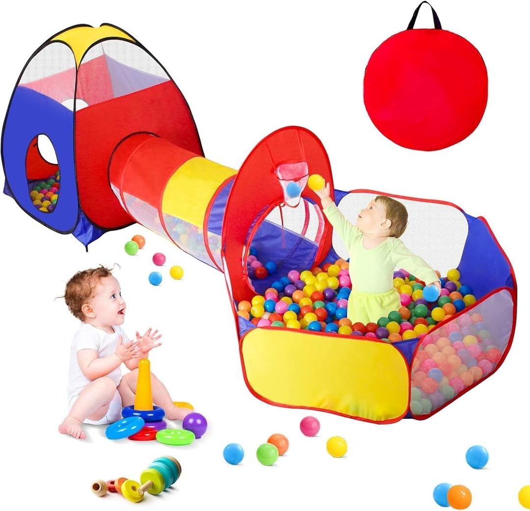 GeerWest 3 in 1 Kids Play Tent for Toddler with Baby Ball Pit and Play Tunnel, Children Indoor Outdoor Playhouse with Climbing Tunnel Toy for Toddlers, Boys and Girls Best Birthday GiftsNo Balls