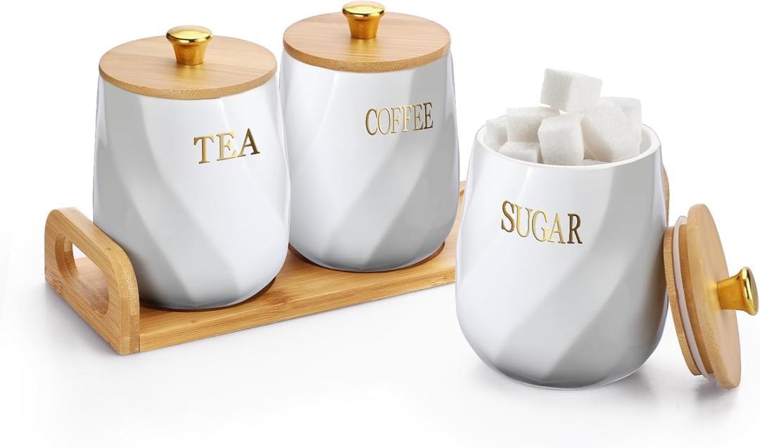 JUXYES Set of 3 Ceramic Canisters Set for Sugar Coffee Tea With Handle Tray, Luxurious Storage Containers Sets with Lids Decorative Storage Pots White Ceramic Storage Jar for Kitchen Dining Room