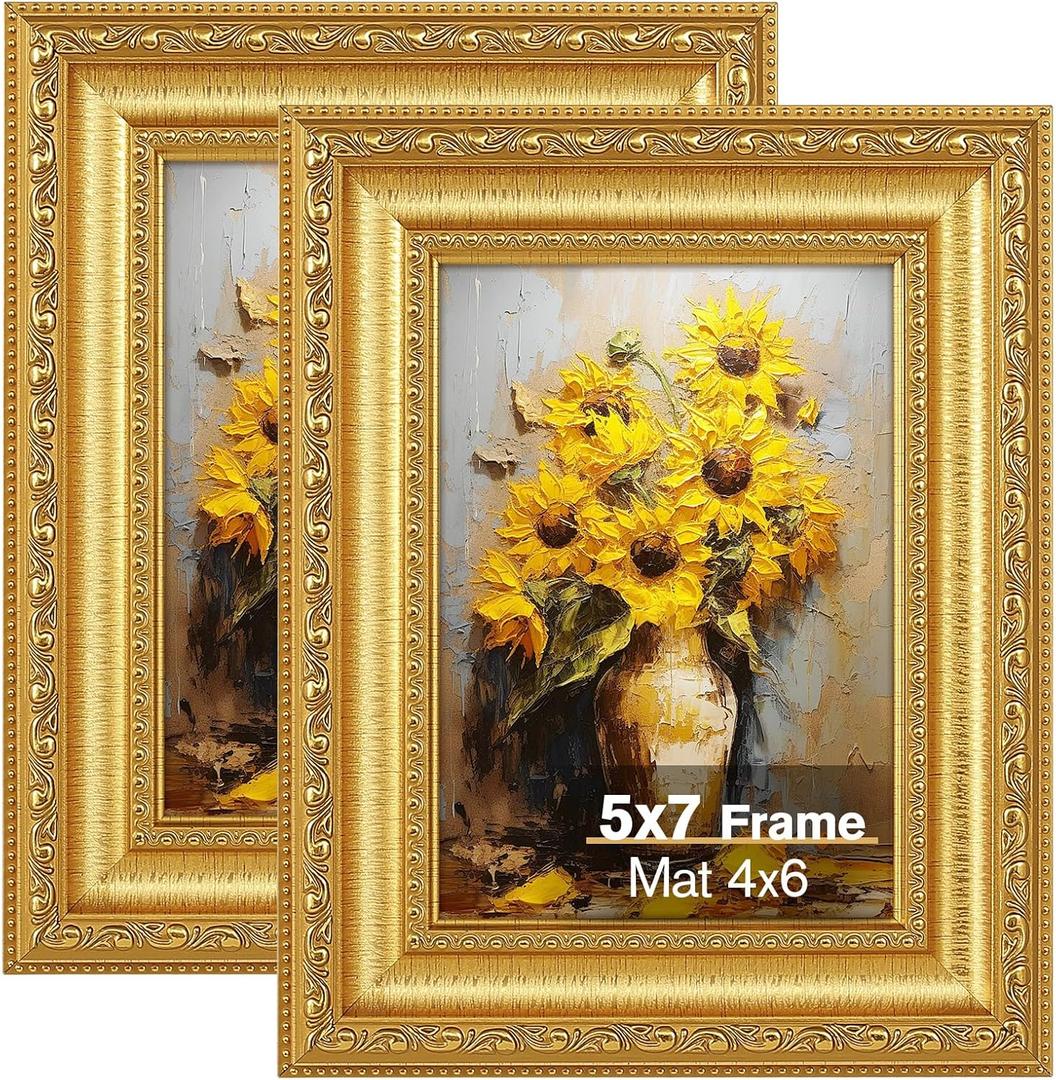 Splinterix 5x7 Gold Picture Frames Set of 2, Ornate Vintage 5 x 7 Photo Frames for Wall Decor or Tabletop Display,5 x 7 Gold Frame with Real Glass, Display 4x6 Pictures with Mat or 5x7 without Mat for Antique Dco