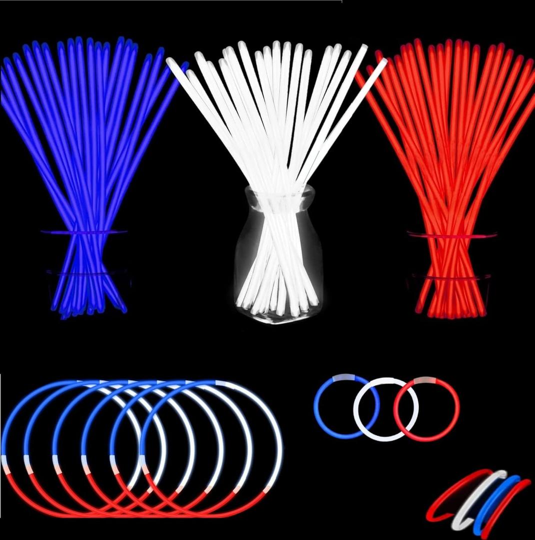 150 Pack Glow Sticks Bulk Glow Bracelet and Necklaces with 150PCS Connectors 8" Glowsticks Light Up Neon Party Favors for July 4th Halloween Wedding Birthday Hawii Carnival(RedBlueWhite)