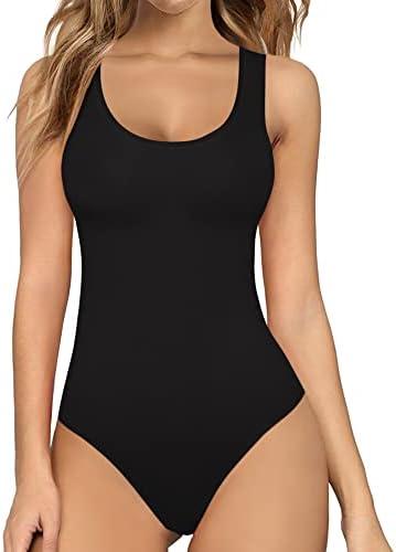 MANGOPOP Women's Tank Top Bodysuit Scoop Neck Sleeveless Body suit Sexy Backless Ribbed Tops, Size: Large, Black