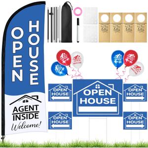 44 Pcs Open House Signs for Real Estate Agent Supplies, Double Sided Open House Flag Kit for Outside, 7.6 x 5.4 Ft Blue Banner Flag Poles Set with Directional Arrows Yard Sign Stakes Balloons