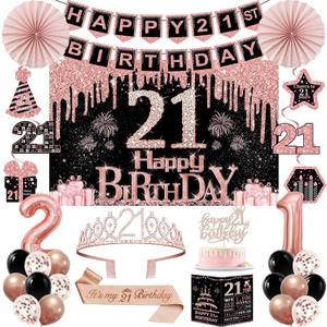 21st Birthday Decorations for Her Women,32PCS 21st Birthday Party Decorations,Including Backdrop, Crown, Sash, banner, Hanging Swirl,balloons,Cake Topper,Paper Fans and Anniversary Card