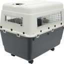 SportPet Airline Compliant X-LARGE 32.25" Travel Dog Kennel-Durable Plastic Airline Pet Carrier w/Removable Wheels & Food Bowls, Collapsible Indoor/Outdoor Dog Kennel, Dog up to 32"L & 23"H-Cream/Gray