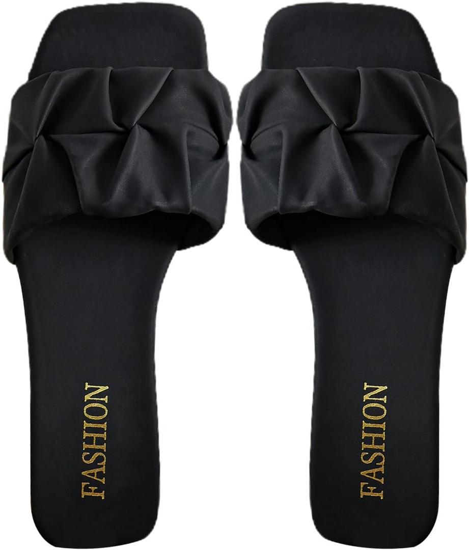 GORGLITTER Women's Summer Cute Flat Sandals Dress Slide Sandals Square Toe Wedding Shoes Vacation Trendy Sandals 2026 (9, Black)