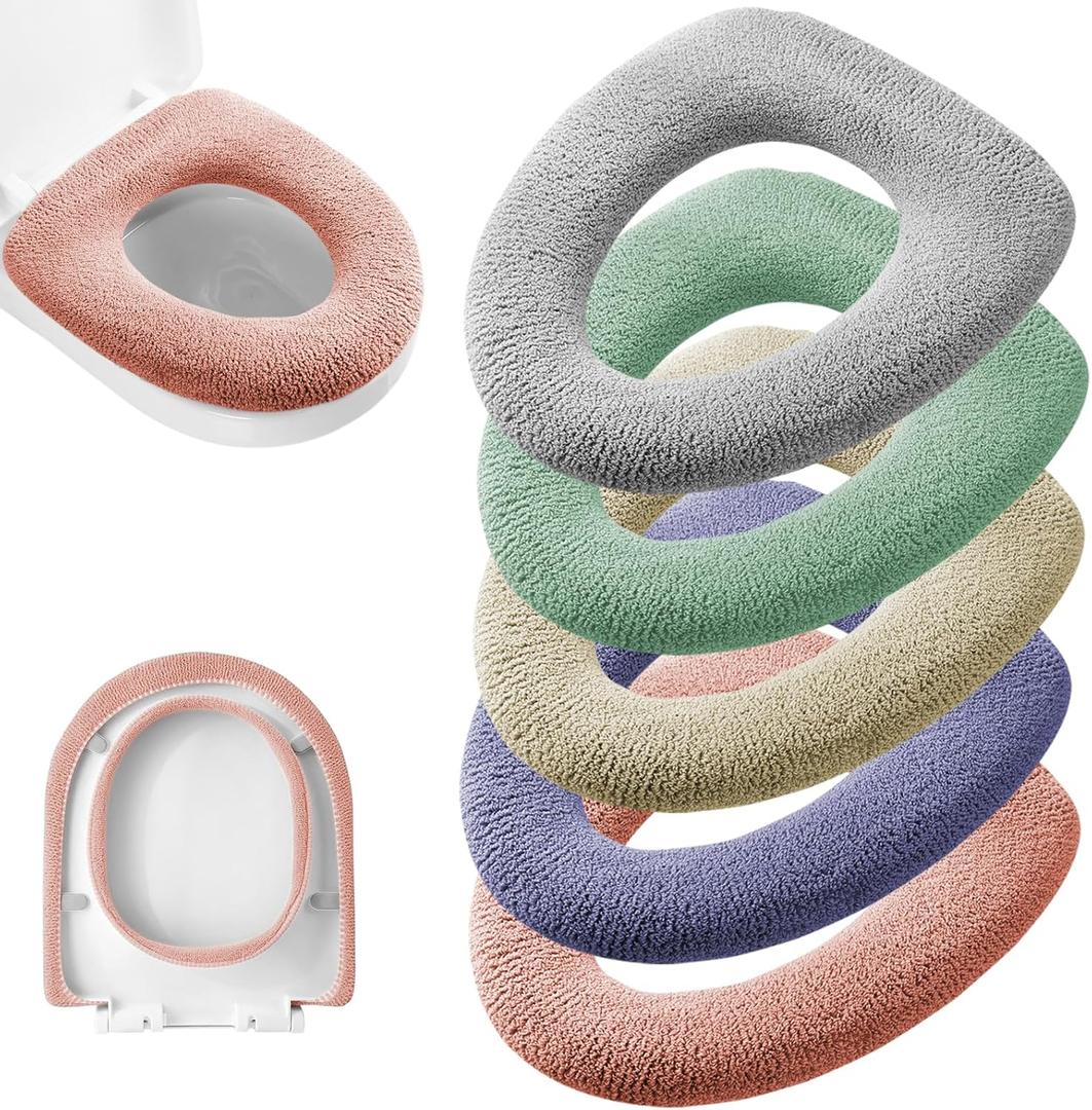 Legigo 5 Pack Thicker Bathroom Toilet Seat Cover Pads- Soft Warmer Toilet Seat Cushion Cover Stretchable Washable Fiber Cloth, Easy Installation Comfortable Toilet Lid Seat Cover(Knit Elongated Light) (Knit Bright Color)