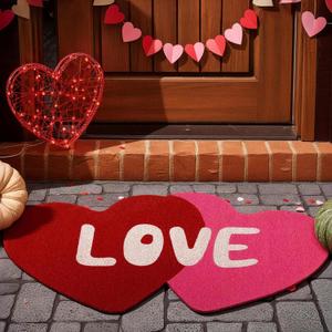 Breling Valentine's Day Natural Coir Doormat Double Heart Shaped Welcome Mat Pink Red Love Welcome Floor Mat 30 x 16.9 Inch Non-Slip Entrance Door Rugs for Outdoor Indoor Home Bathroom Decor