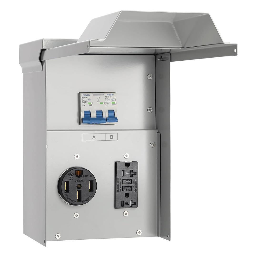 Briidea Temporary Power Outlet Panel, RV Panel Outlet with a 20, 50 Amp Receptacle Installed, Prewired, Weatherproof